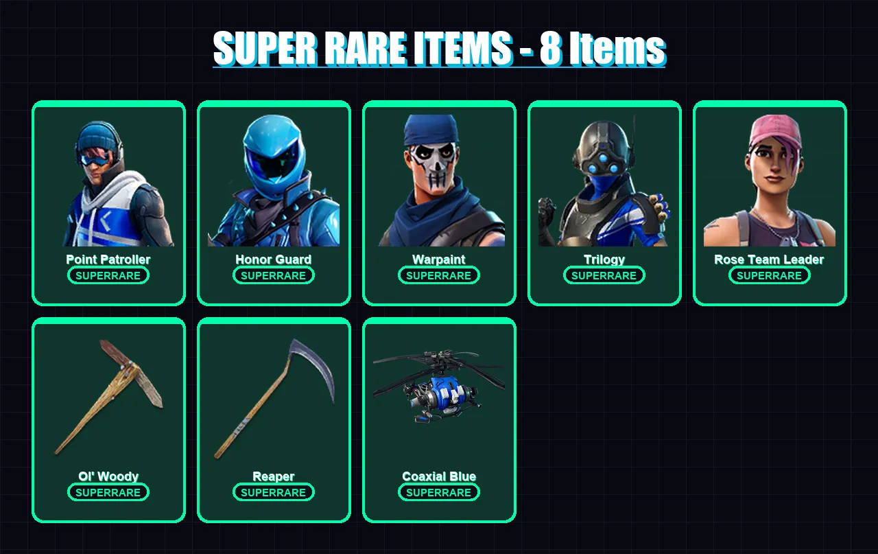 [PS4/PS5/XBOX/PC] | Point Patroller | Honor Guard | Warpaint | Trilogy | Rose Team Leader | 89 skin | 128 pickaxe | 99 emote | 107 glider | Lv2324