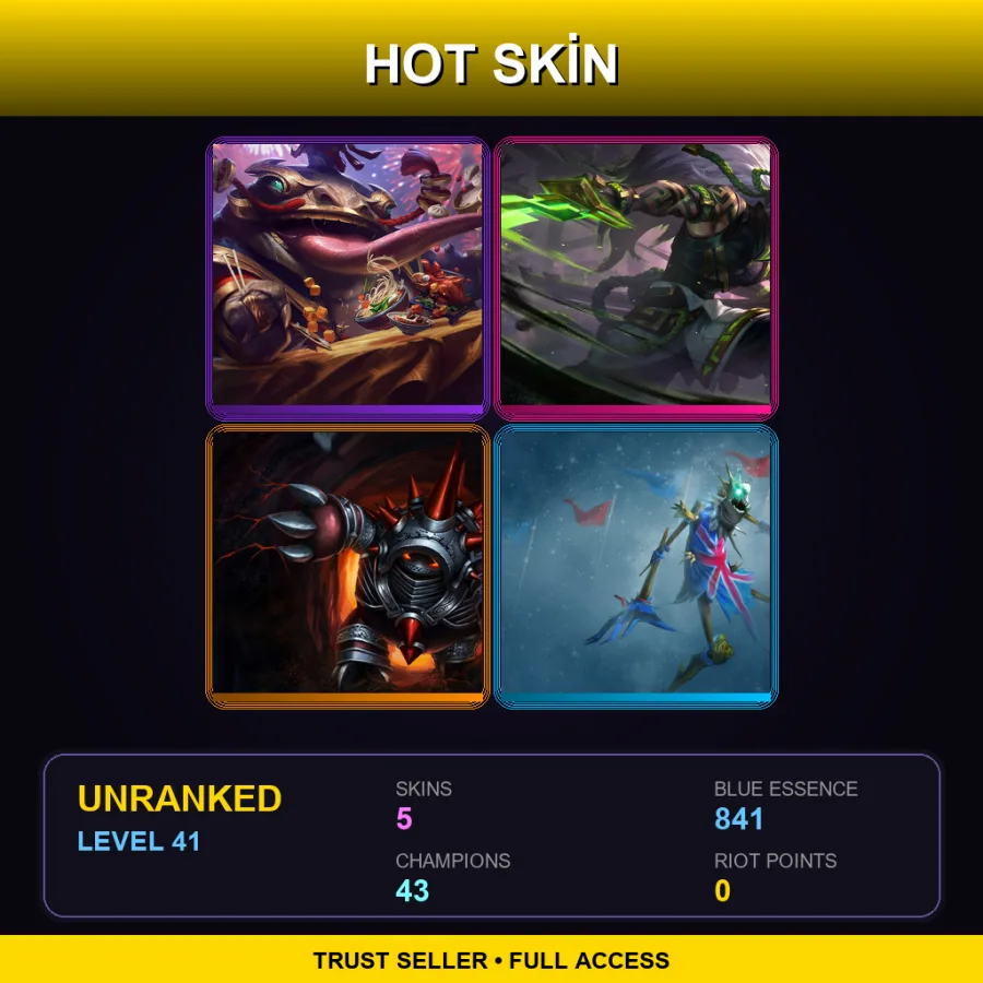 NA | Coin Emperor Tahm Kench | Inkshadow Yasuo | Chrome Rammus | Union Jack Fiddlesticks | 5 Skin | 43 Champ | Lv41