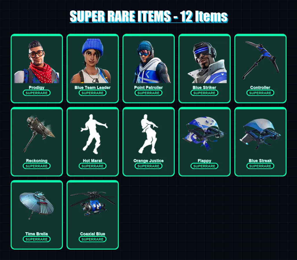 [PC] | Prodigy | Blue Team Leader | Point Patroller | Blue Striker | Dire | 93 skin | 122 pickaxe | 114 emote | 108 glider | Lv1744