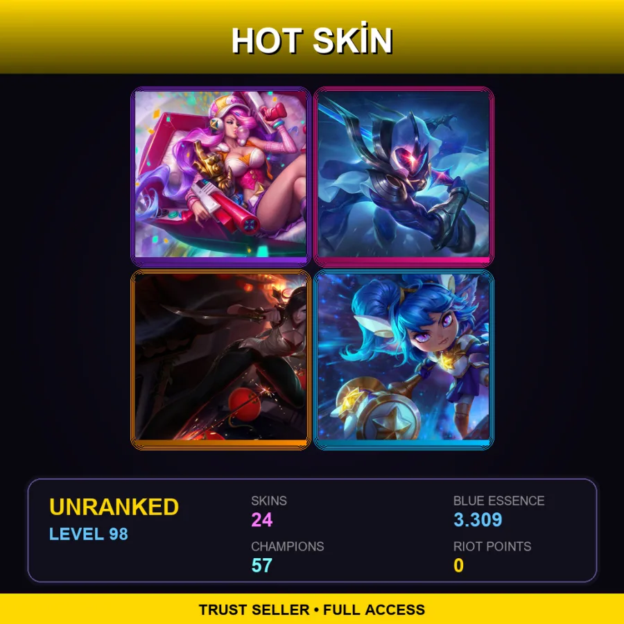 SG | Lv98 | Unranked | 24 Skin | 57 Champ — LoL account