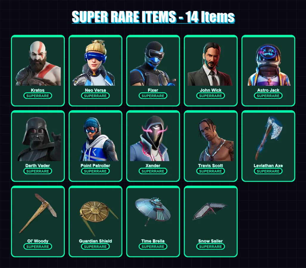 [PS4/PS5/XBOX/PC] | Kratos | Neo Versa | Fixer | John Wick | Astro Jack | 331 skin | 299 pickaxe | 276 emote | 229 glider | Lv3845