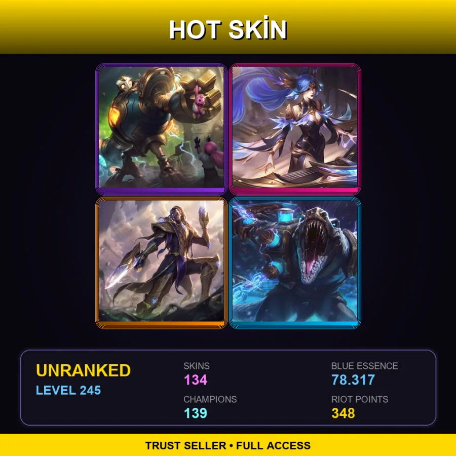 EUW | Lv245 | Unranked | 134 Skin | 139 Champ — LoL account