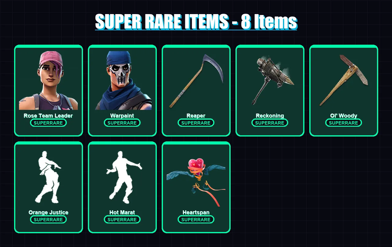 [PC/XBOX] | Rose Team Leader | Warpaint | Eternal Knight | Hybrid | Dire | 77 skin | 64 pickaxe | 85 emote | 83 glider | Lv1201