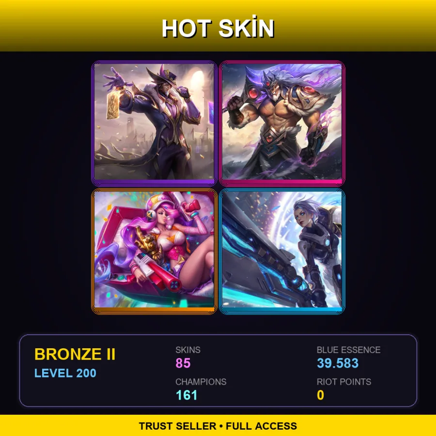 LAN | Victorious Twisted Fate | Victorious Tryndamere | Arcade Miss Fortune | Pulsefire Riven | 85 Skin | 161 Champ | Bronze II | Lv200