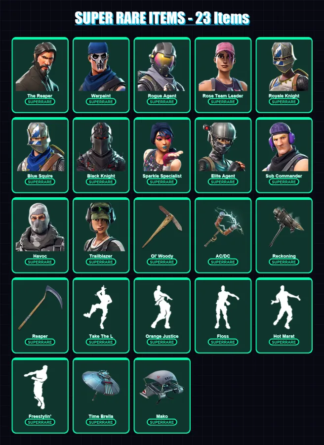 [PC/PSN] | The Reaper | Warpaint | Rogue Agent | Rose Team Leader | Royale Knight | 76 skin | 76 pickaxe | 69 emote | 76 glider | Lv1024