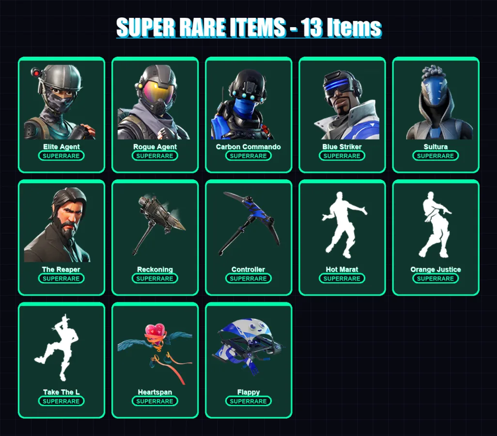 [PS4/PS5/XBOX/PC] | Elite Agent | Rogue Agent | Carbon Commando | Blue Striker | Sultura | 111 skin | 97 pickaxe | 107 emote | 89 glider | Lv1364