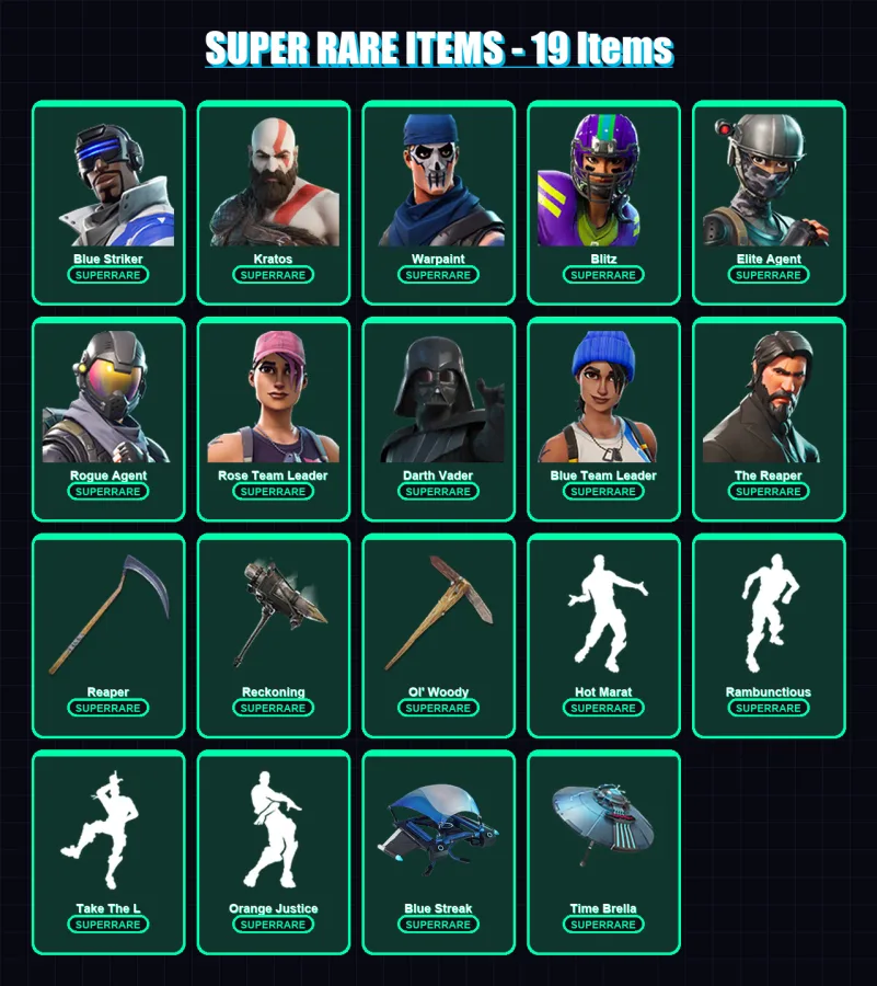 [PS4/PS5/XBOX/PC] | Blue Striker | Kratos | Warpaint | Blitz | Elite Agent | 208 skin | 191 pickaxe | 189 emote | 180 glider | Lv2655