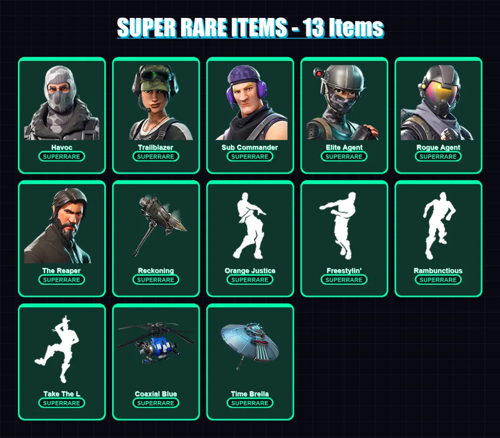 [PS4/PS5/XBOX/PC] | Havoc | Trailblazer | Sub Commander | Elite Agent | Rogue Agent | 116 skin | 116 pickaxe | 96 emote | 116 glider | Lv2073