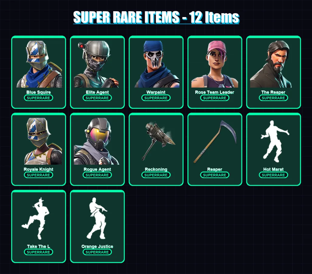[PC/XBOX/PSN] | Blue Squire | Elite Agent | Warpaint | Rose Team Leader | The Reaper | 47 skin | 39 pickaxe | 43 emote | 38 glider | Lv425