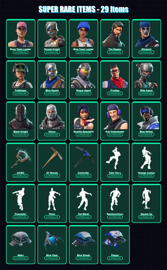 [PS4/PS5/XBOX/PC] | Rose Team Leader | Royale Knight | Blue Team Leader | The Reaper | Warpaint | 98 skin | 71 pickaxe | 62 emote | 53 glider | Lv63