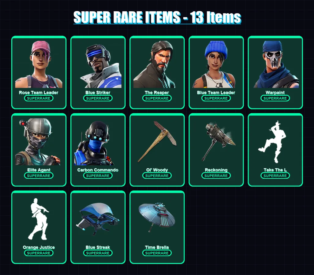 [PC/XBOX/PSN] | Rose Team Leader | Blue Striker | The Reaper | Blue Team Leader | Warpaint | 45 skin | 34 pickaxe | 45 emote | 47 glider | Lv536