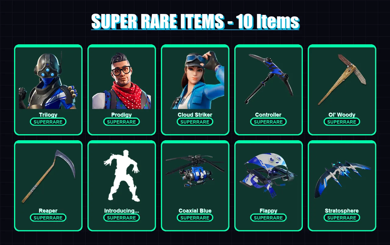 [PS4/PS5/XBOX/PC] | Trilogy | Prodigy | Cloud Striker | Joey | Mandalorian | 84 skin | 141 pickaxe | 91 emote | 102 glider | Lv1593