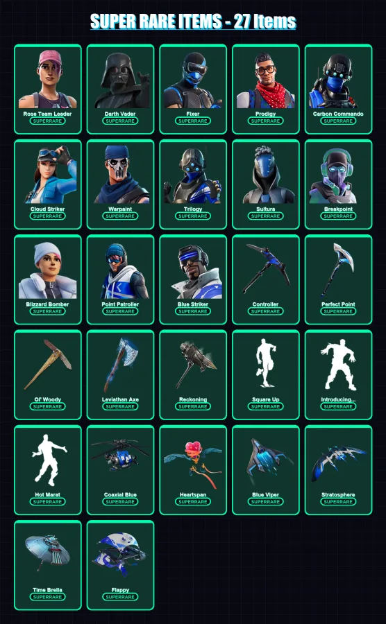 [PC/XBOX] | Rose Team Leader | Darth Vader | Fixer | Prodigy | Carbon Commando | 213 skin | 225 pickaxe | 198 emote | 188 glider | Lv2350
