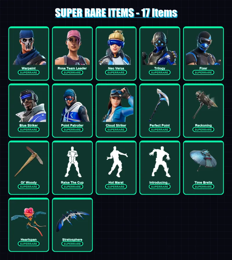 [PS4/PS5/PC] | Warpaint | Rose Team Leader | Neo Versa | Trilogy | Fixer | 85 skin | 119 pickaxe | 143 emote | 129 glider | Lv1745