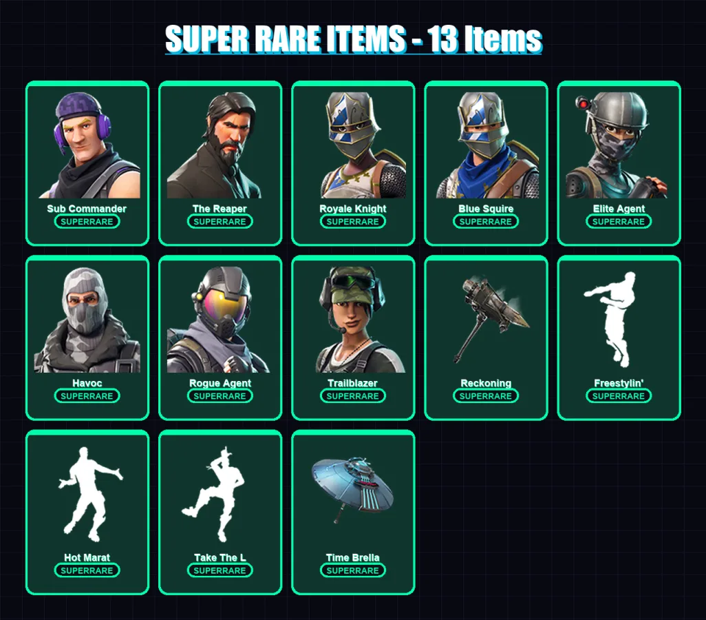 [PC/XBOX] | Sub Commander | The Reaper | Royale Knight | Blue Squire | Elite Agent | 48 skin | 43 pickaxe | 50 emote | 45 glider | Lv565