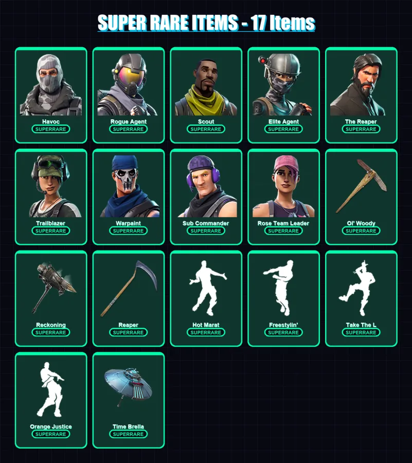 [PC/XBOX/PSN] | Havoc | Rogue Agent | Scout | Elite Agent | The Reaper | 65 skin | 77 pickaxe | 61 emote | 70 glider | Lv991 — Fortnite account