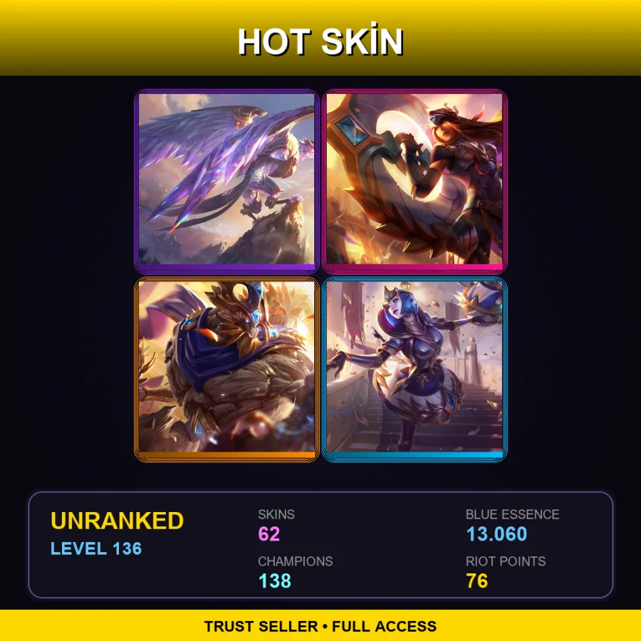 SG | Lv136 | Unranked | 62 Skin | 138 Champ — LoL account