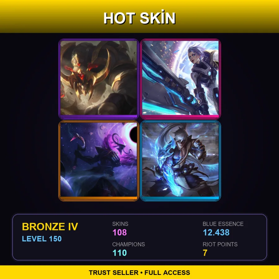 SG | Conqueror Alistar | Pulsefire Riven | Dark Star Thresh | Storm Dragon Lee Sin | 108 Skin | 110 Champ | Bronze IV | Lv150