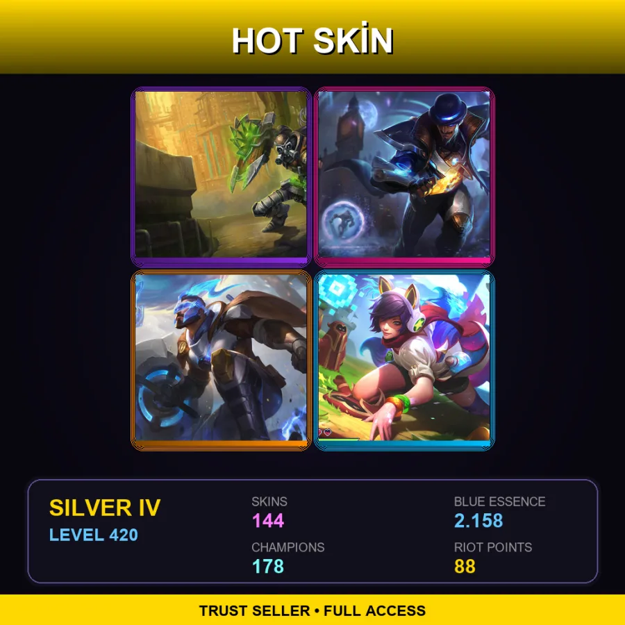 TR | Hextech Singed | Pulsefire Twisted Fate | Pulsefire Pantheon | Arcade Ahri | 144 Skin | 178 Champ | Silver IV | Lv420