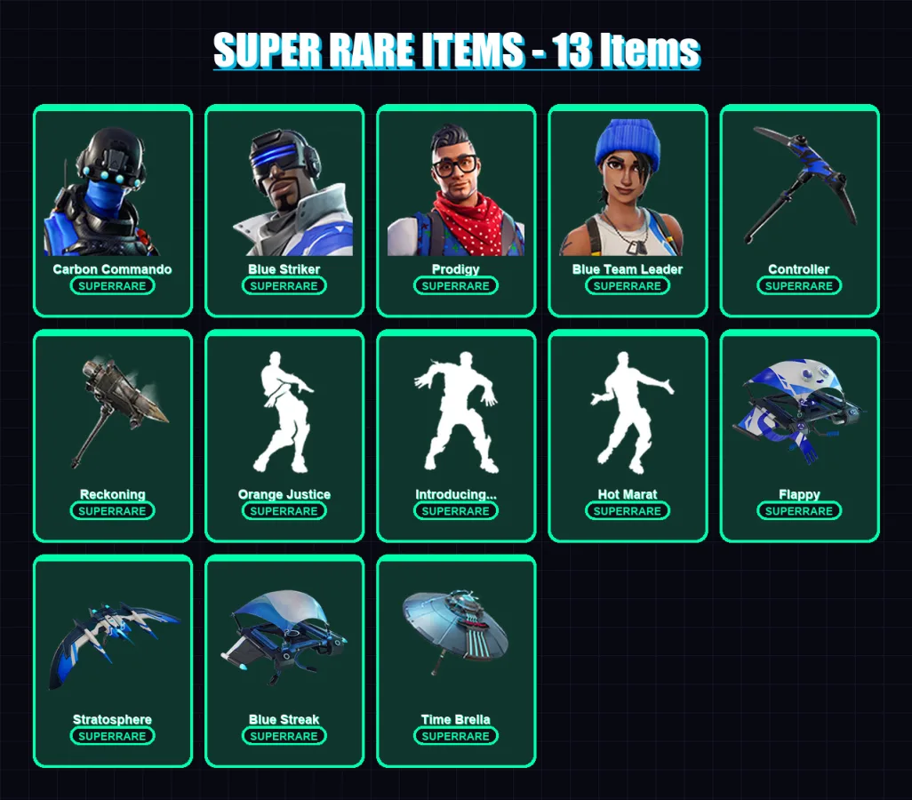 [PS4/PS5/XBOX/PC] | Carbon Commando | Blue Striker | Prodigy | Blue Team Leader | The Prisoner | 48 skin | 35 pickaxe | 51 emote | 47 glider | Lv653