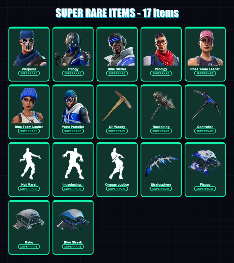 [PS4/PS5/XBOX/PC] | Warpaint | Trilogy | Blue Striker | Prodigy | Rose Team Leader | 48 skin | 53 pickaxe | 58 emote | 62 glider | Lv887 — Fortnite account