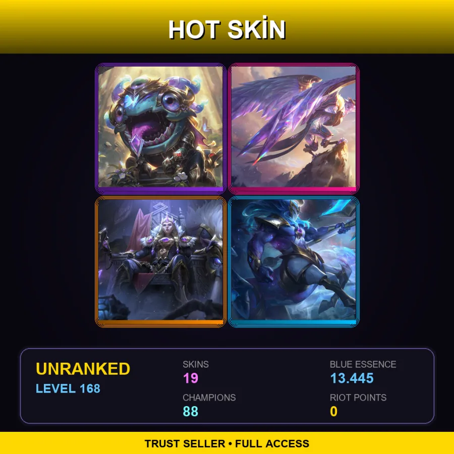 NA | Lv168 | Unranked | 19 Skin | 88 Champ — LoL account