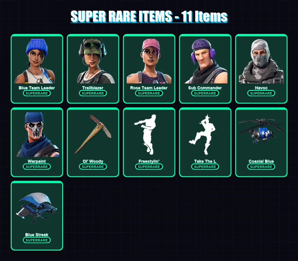 [PC] | Blue Team Leader | Trailblazer | Rose Team Leader | Sub Commander | Havoc | 20 skin | 29 pickaxe | 17 emote | 32 glider | Lv317