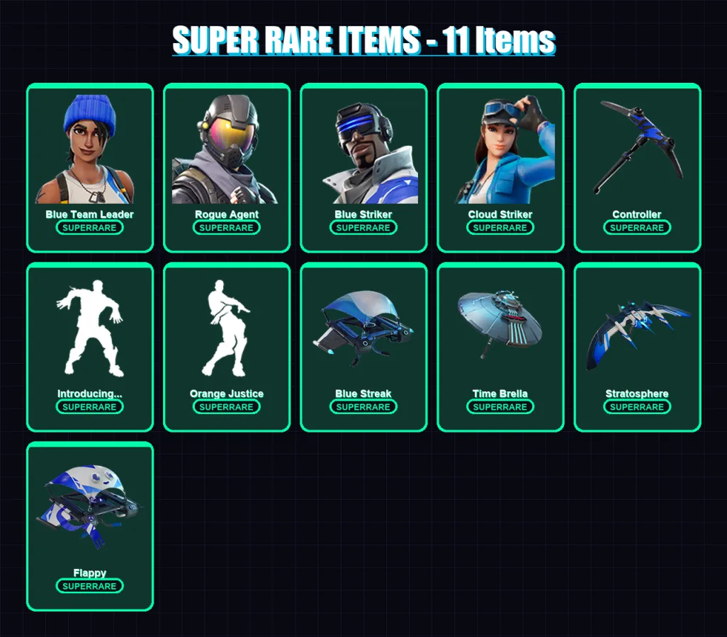 [PS4/PS5/XBOX/PC] | Blue Team Leader | Rogue Agent | Blue Striker | Cloud Striker | Mizuki | 65 skin | 84 pickaxe | 72 emote | 98 glider | Lv1648