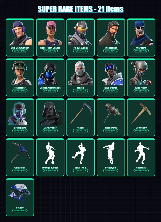 [PC/XBOX/PSN] | Sub Commander | Rose Team Leader | Rogue Agent | The Reaper | Warpaint | 173 skin | 158 pickaxe | 161 emote | 144 glider | Lv2531