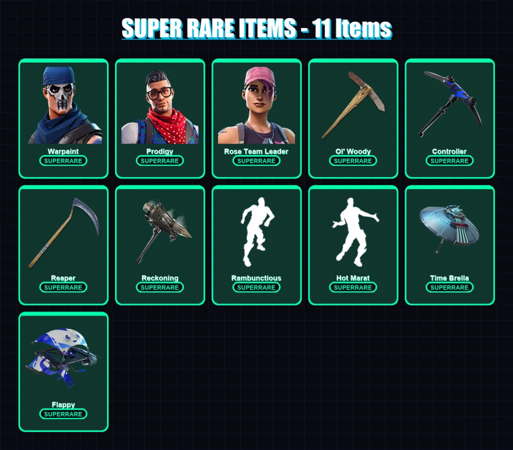 [PC] | Warpaint | Prodigy | Rose Team Leader | Catalyst | Raptor | 96 skin | 79 pickaxe | 106 emote | 68 glider | Lv819