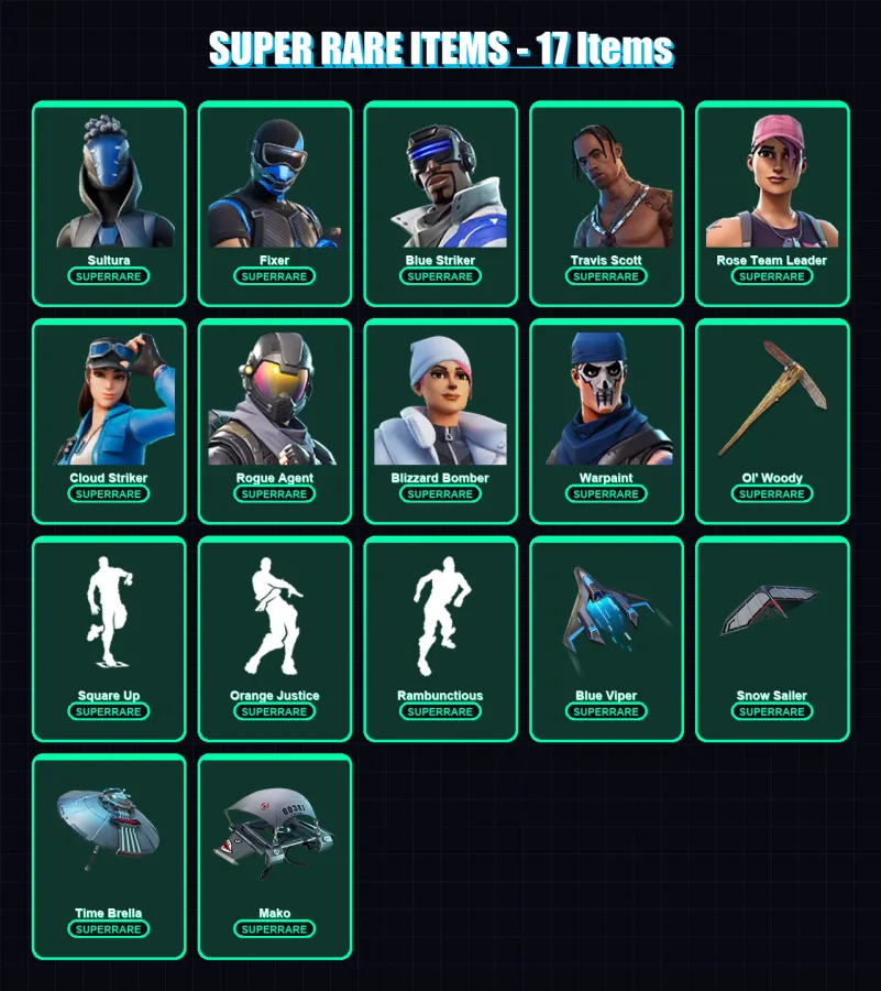 [PS4/PS5/XBOX/PC] | Sultura | Fixer | Blue Striker | Travis Scott | Rose Team Leader | 87 skin | 83 pickaxe | 84 emote | 97 glider | Lv1236