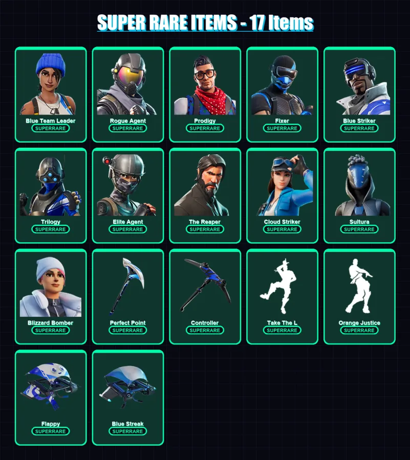 [PC/XBOX/PSN] | Blue Team Leader | Rogue Agent | Prodigy | Fixer | Blue Striker | 68 skin | 80 pickaxe | 65 emote | 72 glider | Lv1062