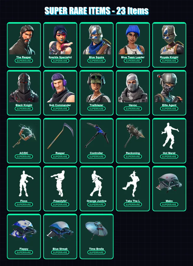 [PC/XBOX] | The Reaper | Sparkle Specialist | Blue Squire | Blue Team Leader | Royale Knight | 64 skin | 95 pickaxe | 99 emote | 106 glider | Lv2117