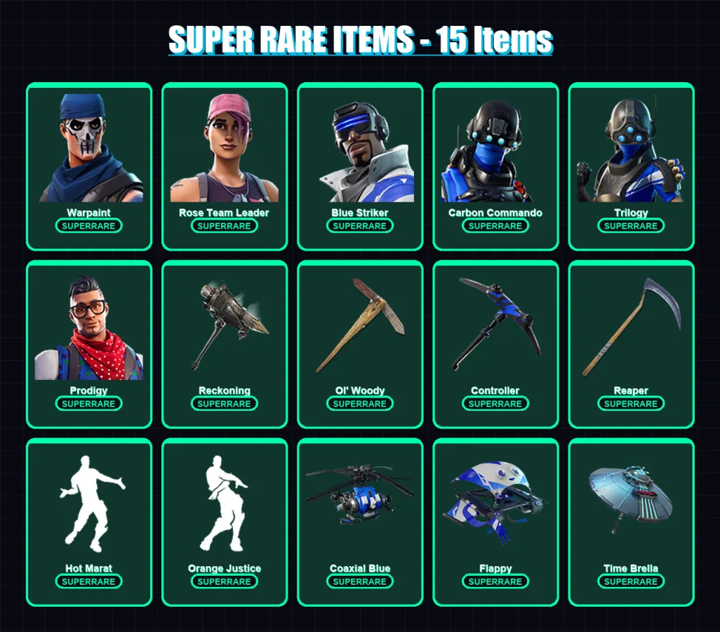 [PC] | Warpaint | Rose Team Leader | Blue Striker | Carbon Commando | Trilogy | 67 skin | 95 pickaxe | 98 emote | 95 glider | Lv1204