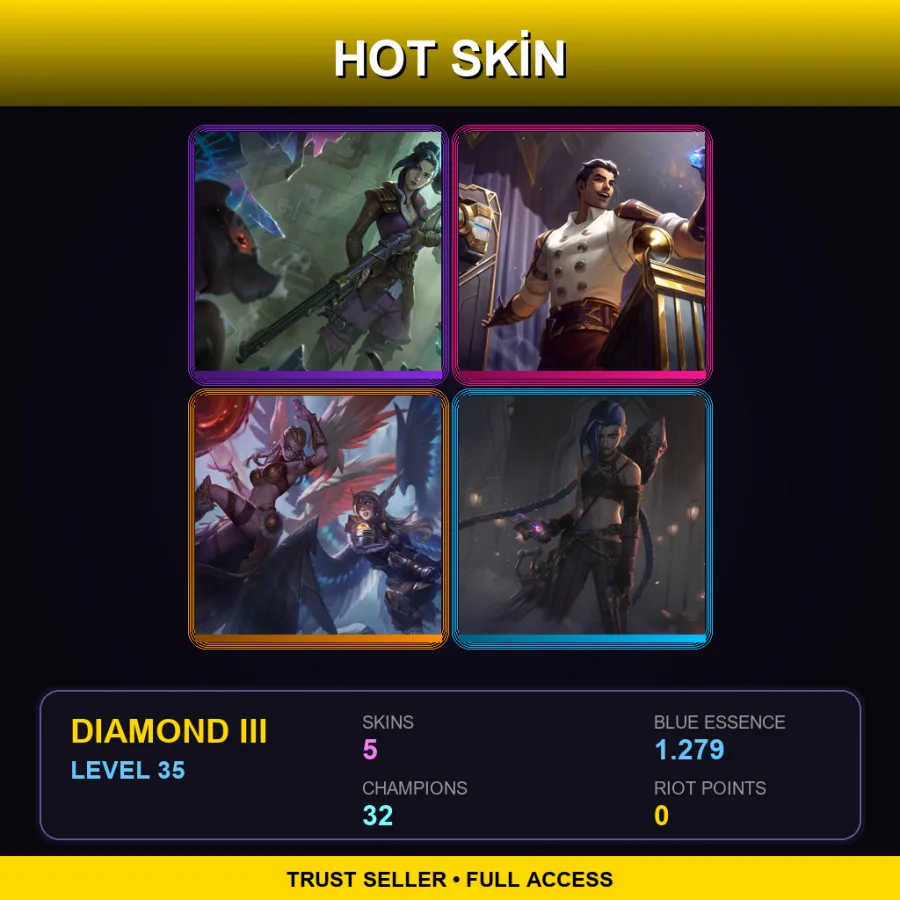 EUNE | Arcane Enforcer Caitlyn | Arcane Inventor Jayce | Battleborn Kayle | Arcane Enemy Jinx | 5 Skin | 32 Champ | Diamond III | Lv35