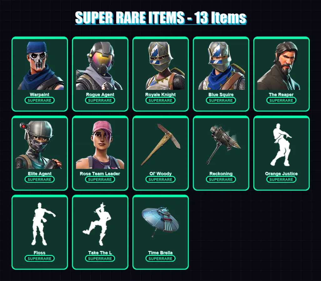[PC] | Warpaint | Rogue Agent | Royale Knight | Blue Squire | The Reaper | 90 skin | 84 pickaxe | 77 emote | 81 glider | Lv937