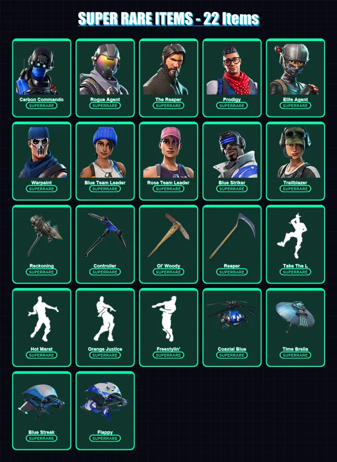 [PC/XBOX] | Carbon Commando | Rogue Agent | The Reaper | Prodigy | Elite Agent | 79 skin | 48 pickaxe | 56 emote | 55 glider | Lv574 — Fortnite account