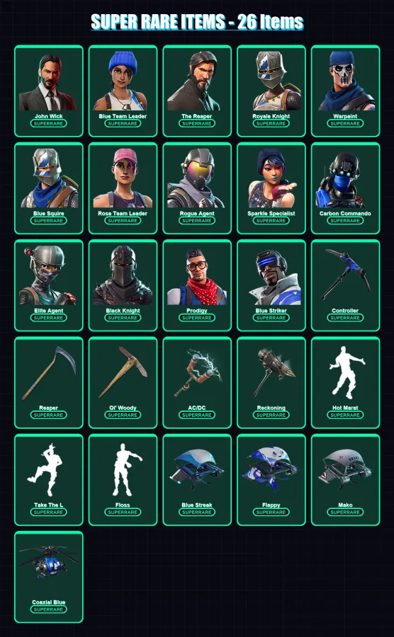 [PC/XBOX/PSN] | John Wick | Blue Team Leader | The Reaper | Royale Knight | Renegade Raider (OG) | 91 skin | 60 pickaxe | 74 emote | 71 glider | Lv8