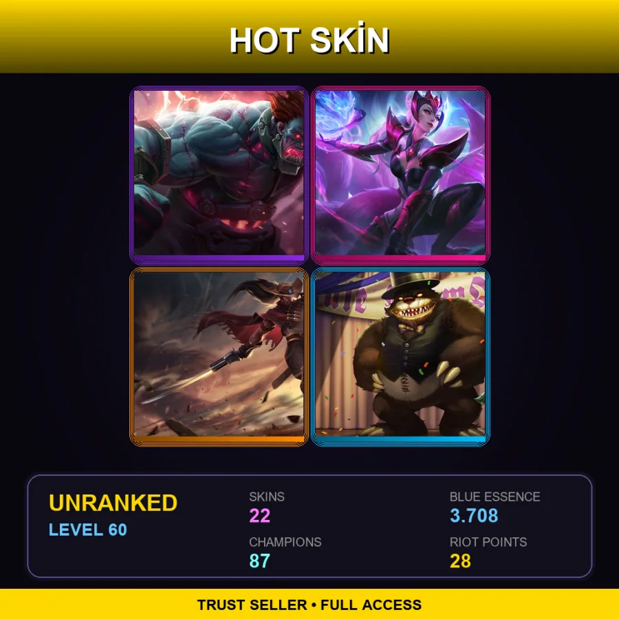 SG | Lv60 | Unranked | 22 Skin | 87 Champ — LoL account