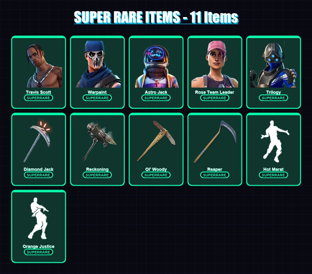 [PC] | Travis Scott | Warpaint | Astro Jack | Rose Team Leader | Trilogy | 65 skin | 51 pickaxe | 57 emote | 63 glider | Lv760