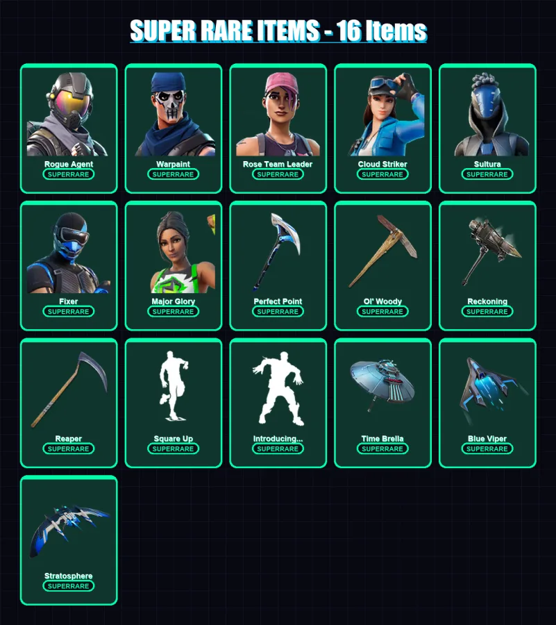 [PC/XBOX] | Rogue Agent | Warpaint | Rose Team Leader | Cloud Striker | Sultura | 222 skin | 287 pickaxe | 234 emote | 226 glider | Lv4292