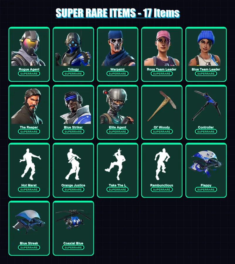 [PC/XBOX] | Rogue Agent | Trilogy | Warpaint | Rose Team Leader | Blue Team Leader | 99 skin | 79 pickaxe | 101 emote | 89 glider | Lv1090