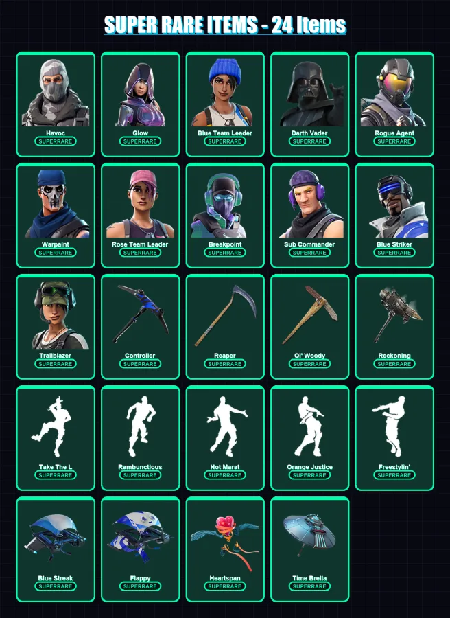 [PS4/PS5/XBOX/PC] | Havoc | Glow | Blue Team Leader | Darth Vader | Rogue Agent | 121 skin | 86 pickaxe | 91 emote | 90 glider | Lv939 — Fortnite account