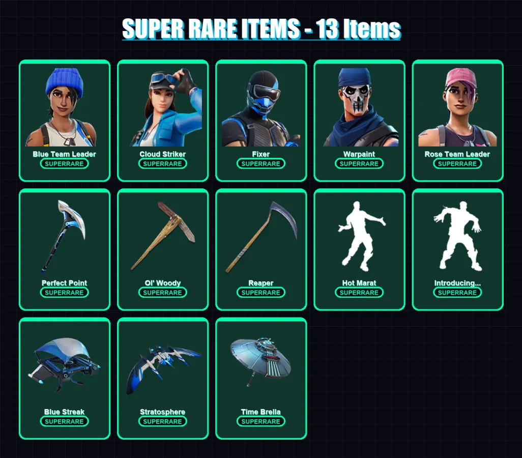 [PC] | Blue Team Leader | Cloud Striker | Fixer | Warpaint | Rose Team Leader | 277 skin | 286 pickaxe | 228 emote | 219 glider | Lv2788