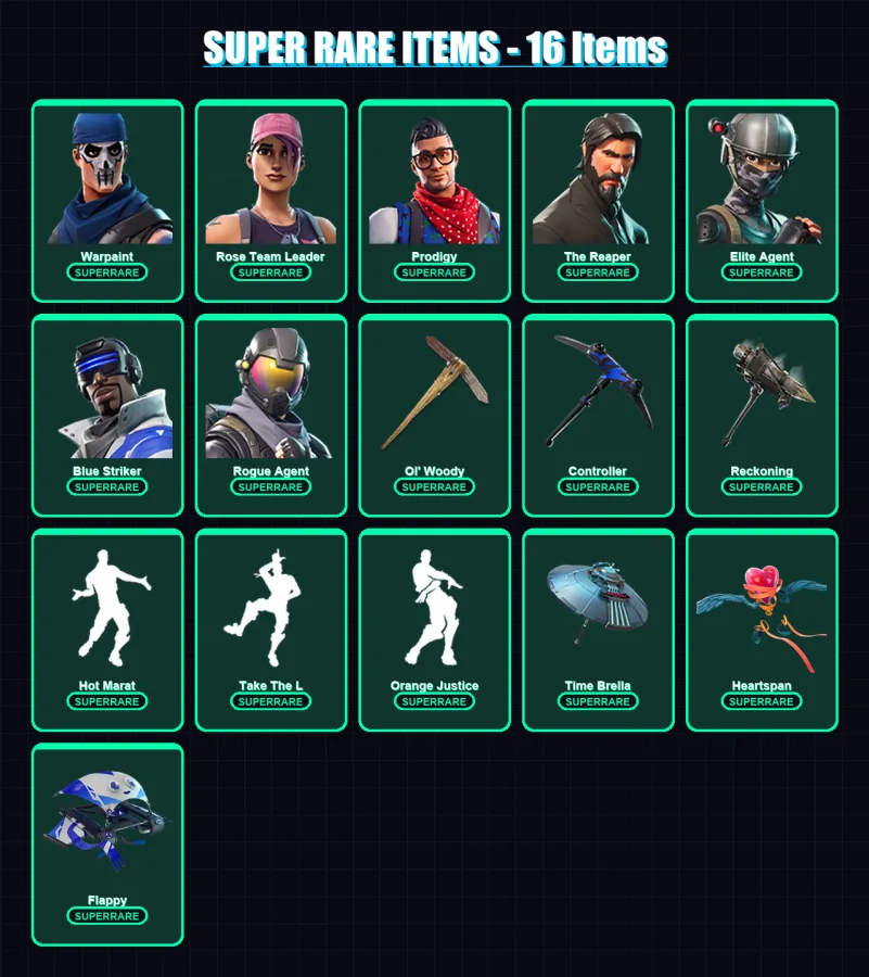 [PC/XBOX] | Warpaint | Rose Team Leader | Prodigy | The Reaper | Elite Agent | 194 skin | 175 pickaxe | 155 emote | 140 glider | Lv1895