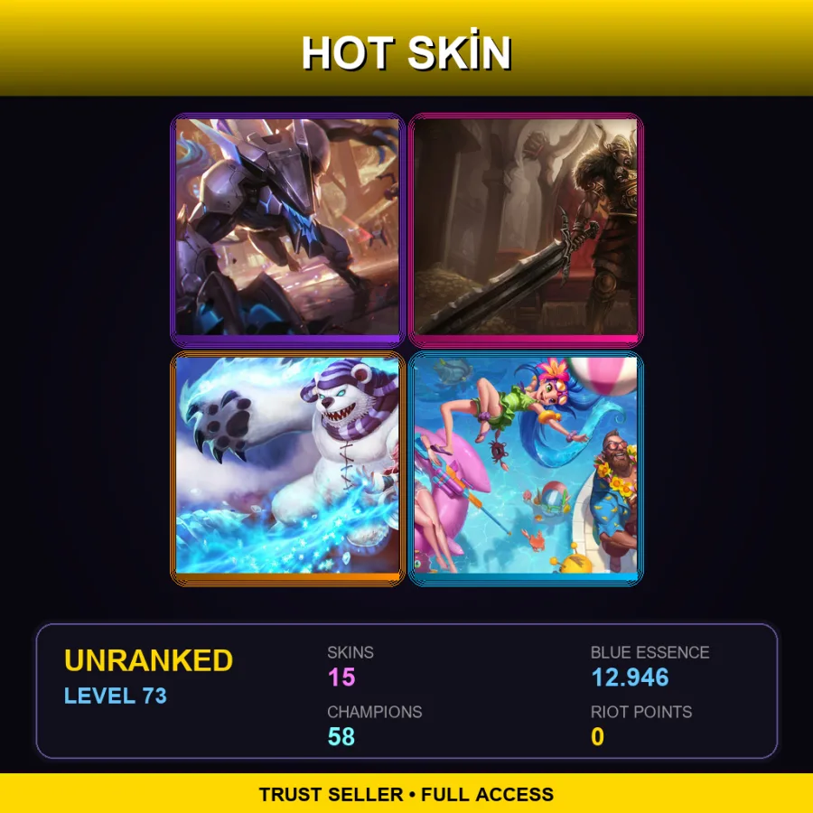 VN | PROJECT: Warwick | Viking Tryndamere | Frostfire Annie | Pool Party Gangplank | 15 Skin | 58 Champ | Lv73
