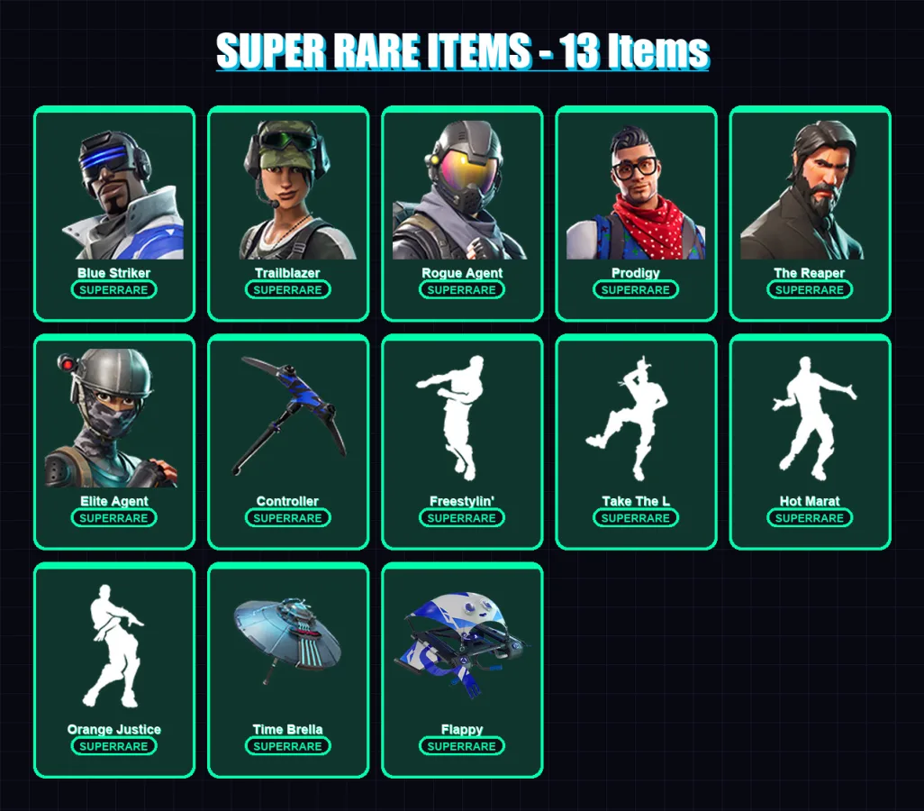 [PC/XBOX] | Blue Striker | Trailblazer | Rogue Agent | Prodigy | The Reaper | 71 skin | 86 pickaxe | 93 emote | 83 glider | Lv1346
