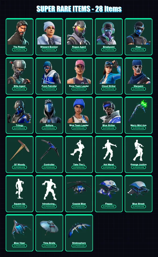 [PS4/PS5/XBOX/PC] | The Reaper | Blizzard Bomber | Rogue Agent | Breakpoint | Fixer | 110 skin | 118 pickaxe | 127 emote | 118 glider | Lv1644