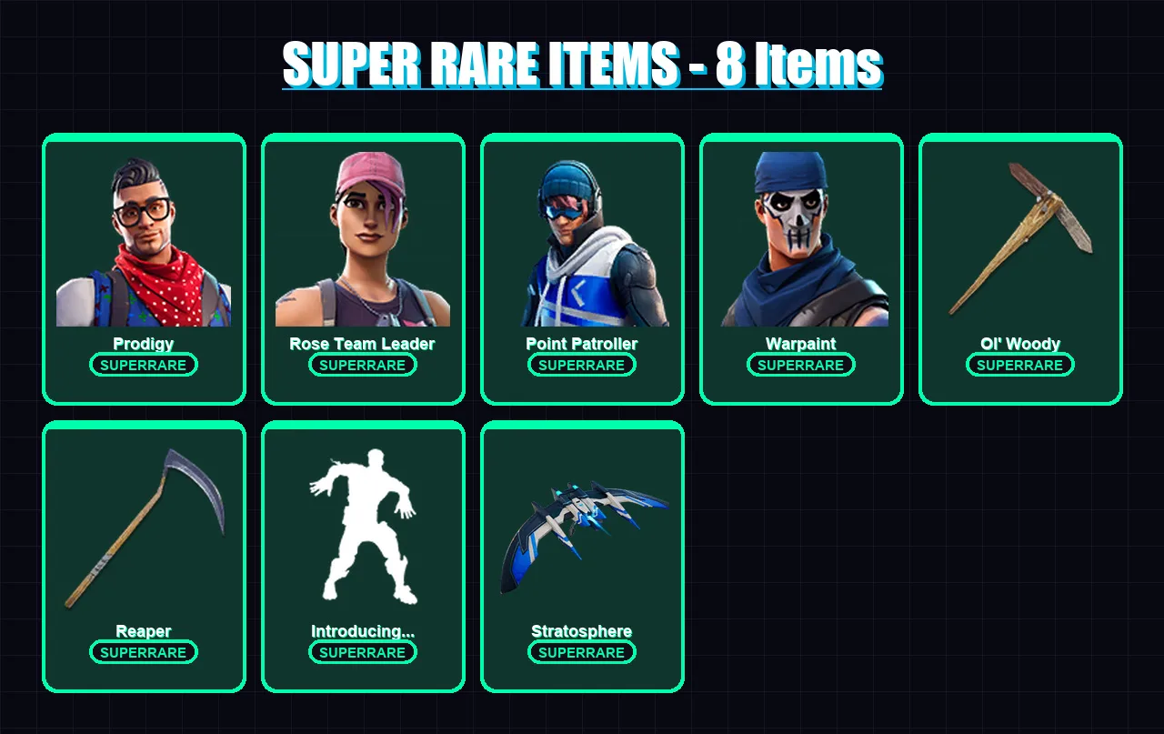 [PS4/PS5/XBOX/PC] | Prodigy | Rose Team Leader | Point Patroller | Warpaint | Sorana | 87 skin | 83 pickaxe | 85 emote | 80 glider | Lv1035
