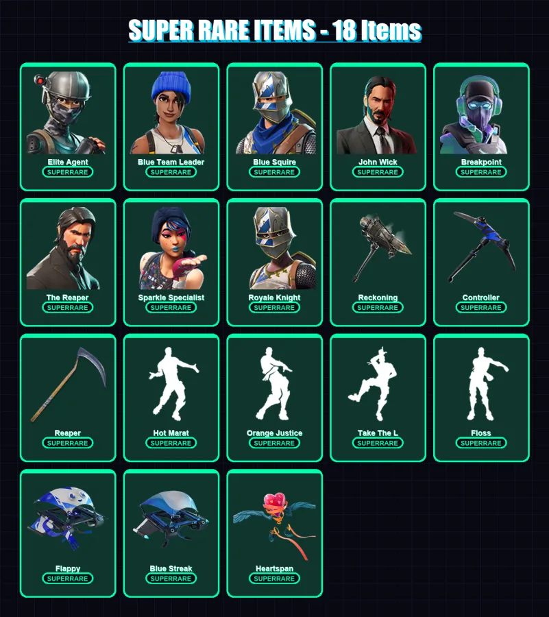 [PC] | Elite Agent | Blue Team Leader | Blue Squire | John Wick | Breakpoint | 128 skin | 83 pickaxe | 92 emote | 77 glider | Lv1069